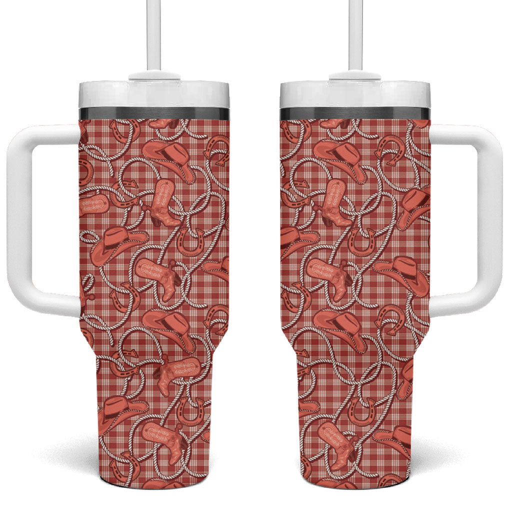 Red Hawaii Palaka Cowboy Tumbler With Handle Hawaiian Paniolo Festival Spirit LT19 One Size: 40 oz Red - Polynesian Pride