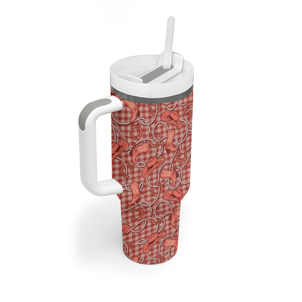 Red Hawaii Palaka Cowboy Tumbler With Handle Hawaiian Paniolo Festival Spirit
