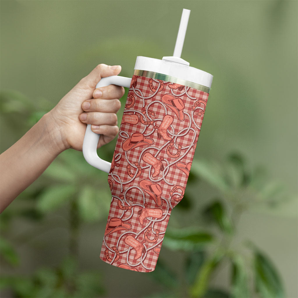 Red Hawaii Palaka Cowboy Tumbler With Handle Hawaiian Paniolo Festival Spirit