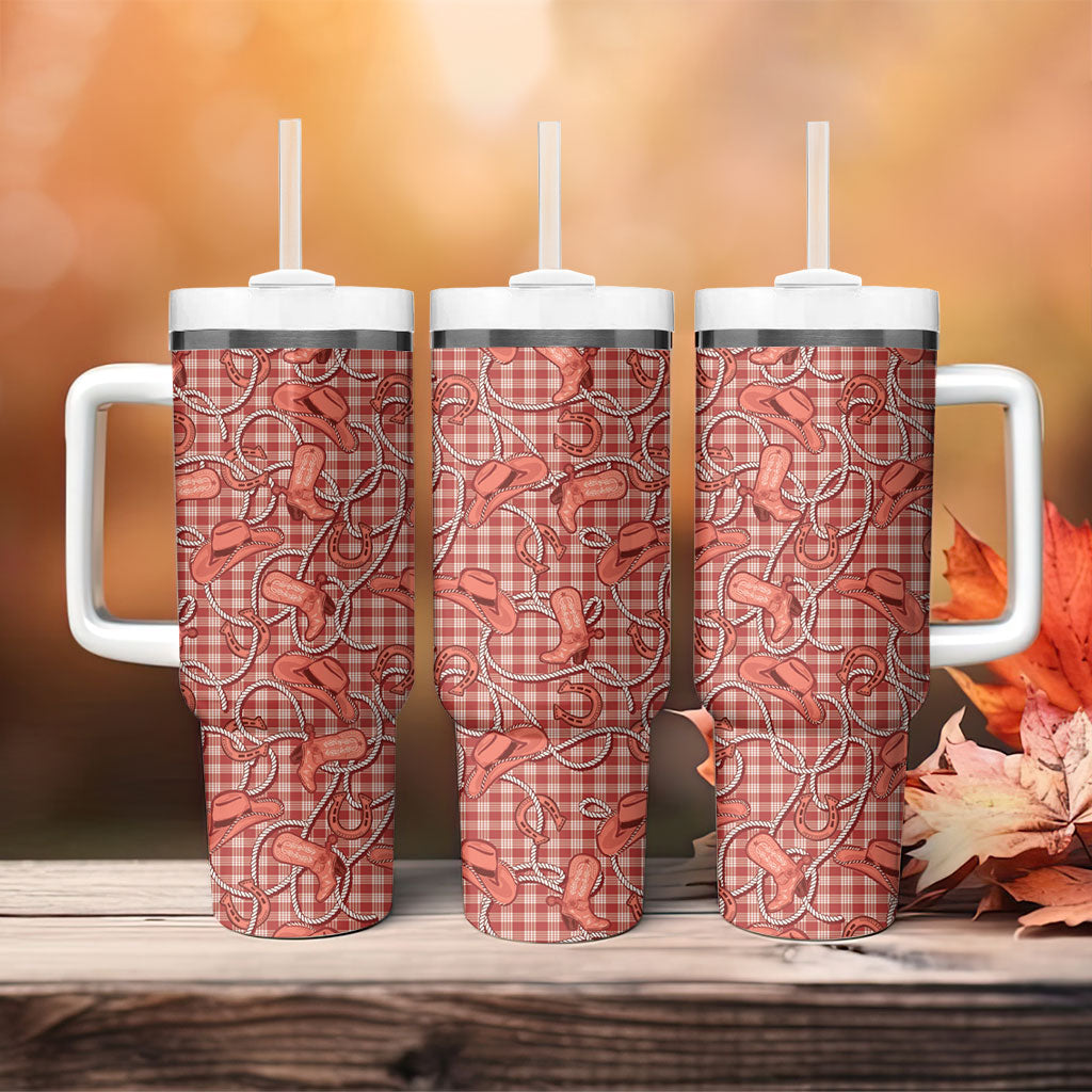 Red Hawaii Palaka Cowboy Tumbler With Handle Hawaiian Paniolo Festival Spirit