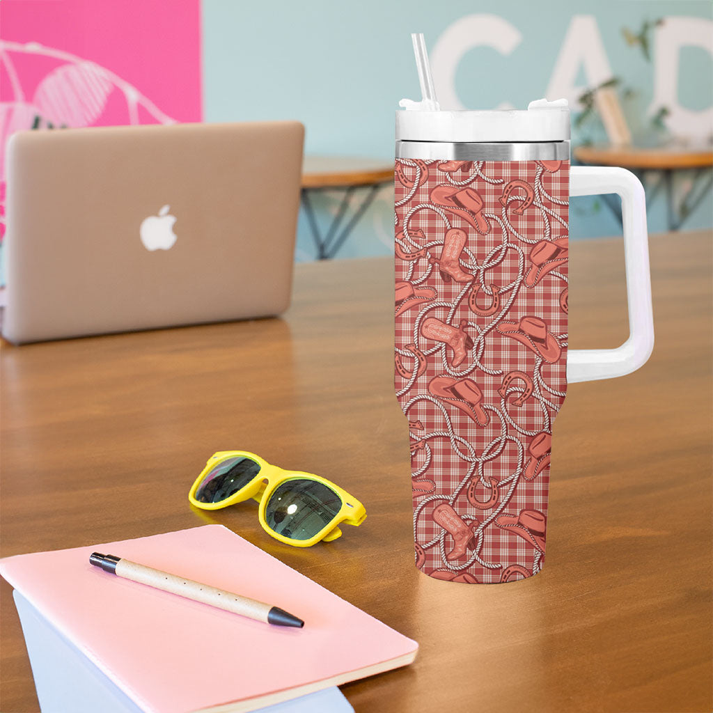 Red Hawaii Palaka Cowboy Tumbler With Handle Hawaiian Paniolo Festival Spirit