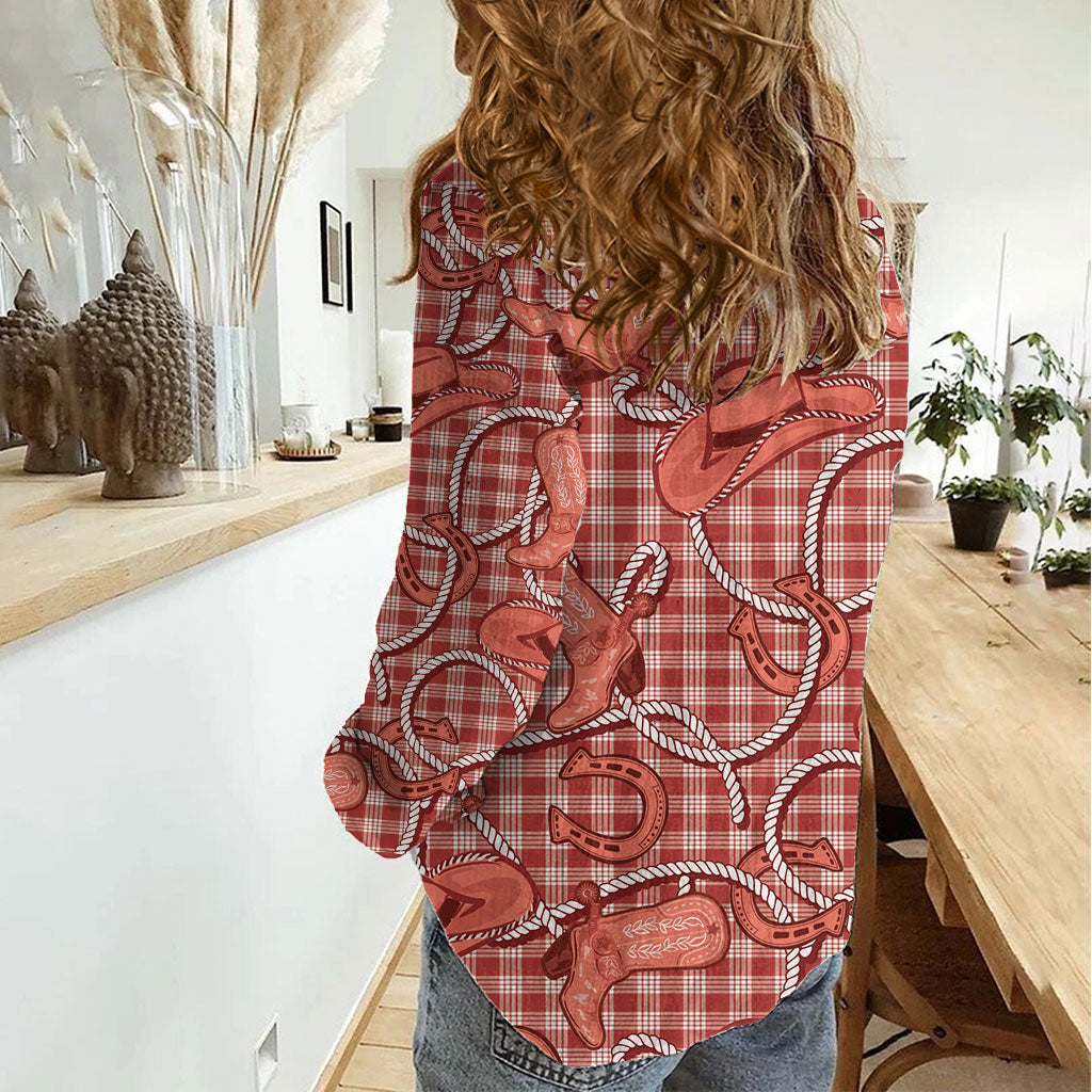 Red Hawaii Palaka Cowboy Women Casual Shirt Hawaiian Paniolo Festival Spirit
