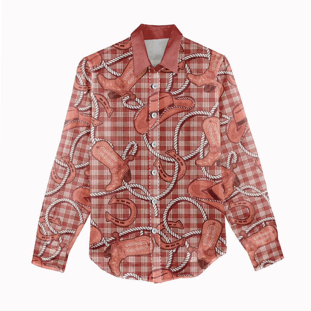 Red Hawaii Palaka Cowboy Women Casual Shirt Hawaiian Paniolo Festival Spirit