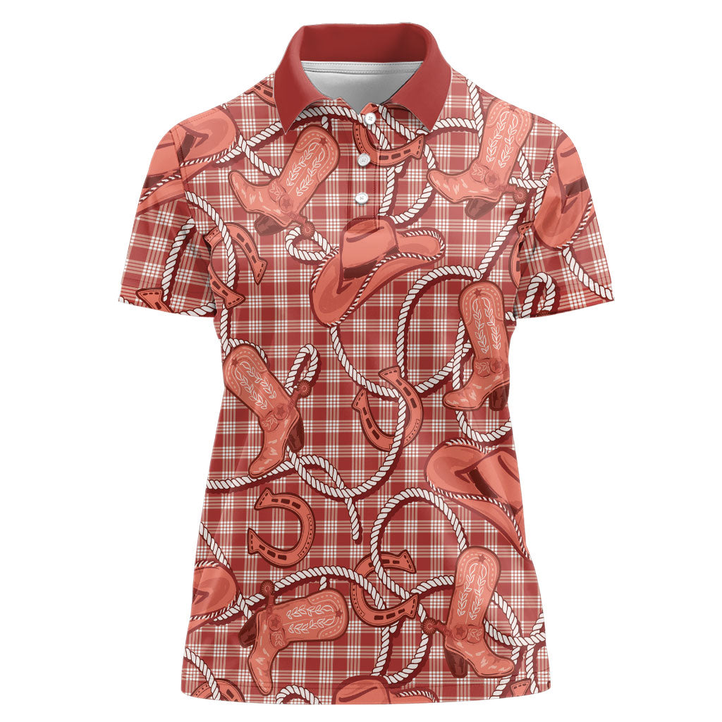 Red Hawaii Palaka Cowboy Women Polo Shirt Hawaiian Paniolo Festival Spirit