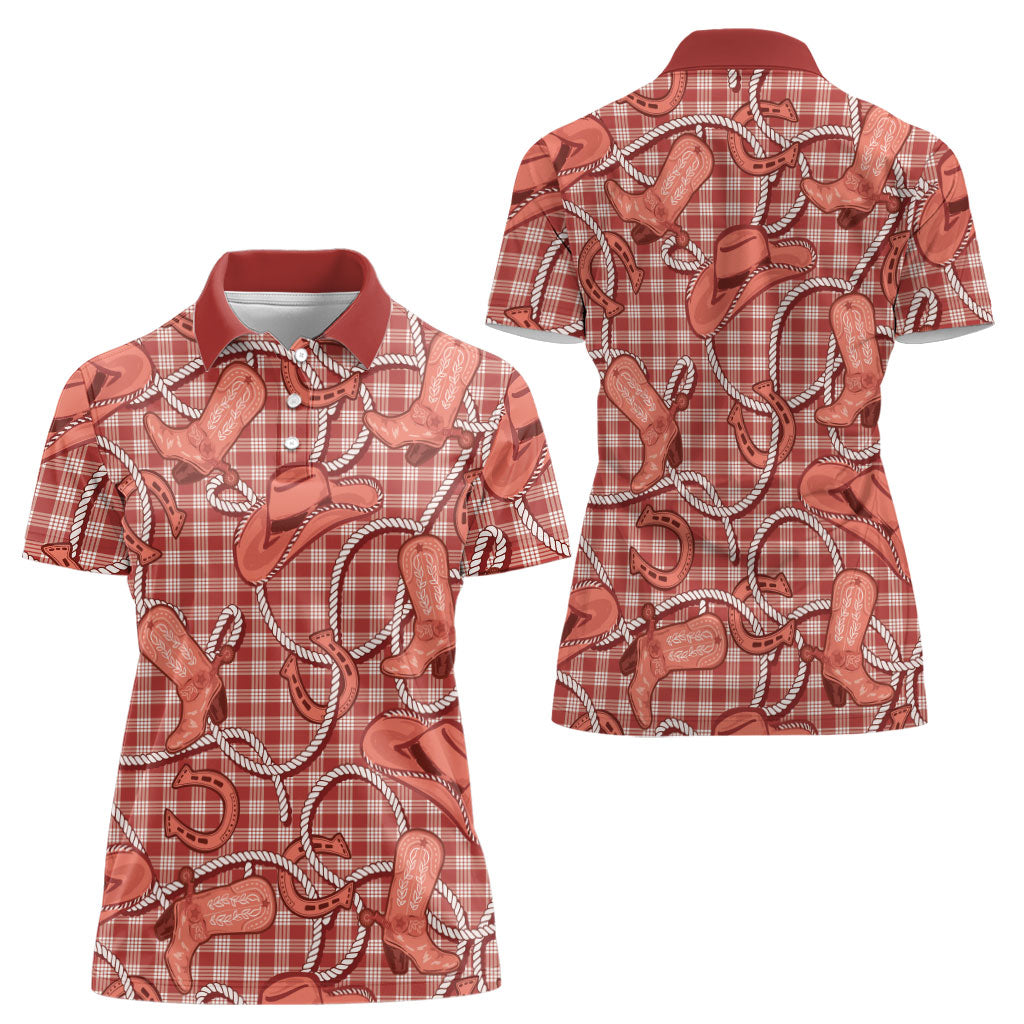 Red Hawaii Palaka Cowboy Women Polo Shirt Hawaiian Paniolo Festival Spirit
