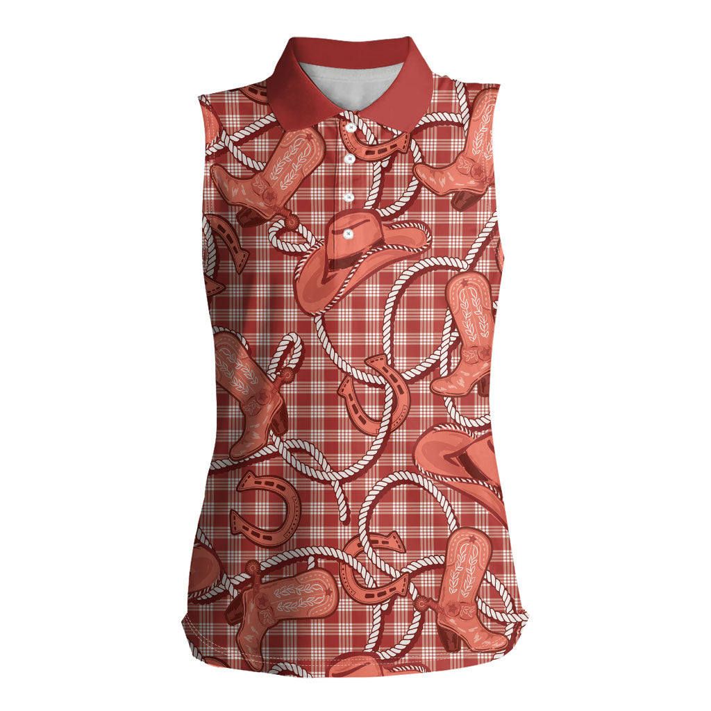 Red Hawaii Palaka Cowboy Women Sleeveless Polo Shirt Hawaiian Paniolo Festival Spirit
