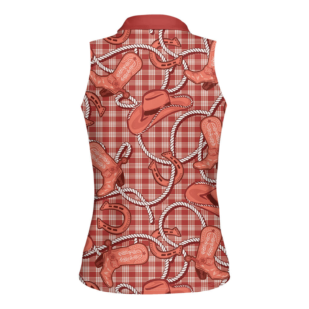 Red Hawaii Palaka Cowboy Women Sleeveless Polo Shirt Hawaiian Paniolo Festival Spirit