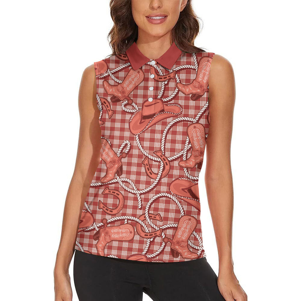 Red Hawaii Palaka Cowboy Women Sleeveless Polo Shirt Hawaiian Paniolo Festival Spirit
