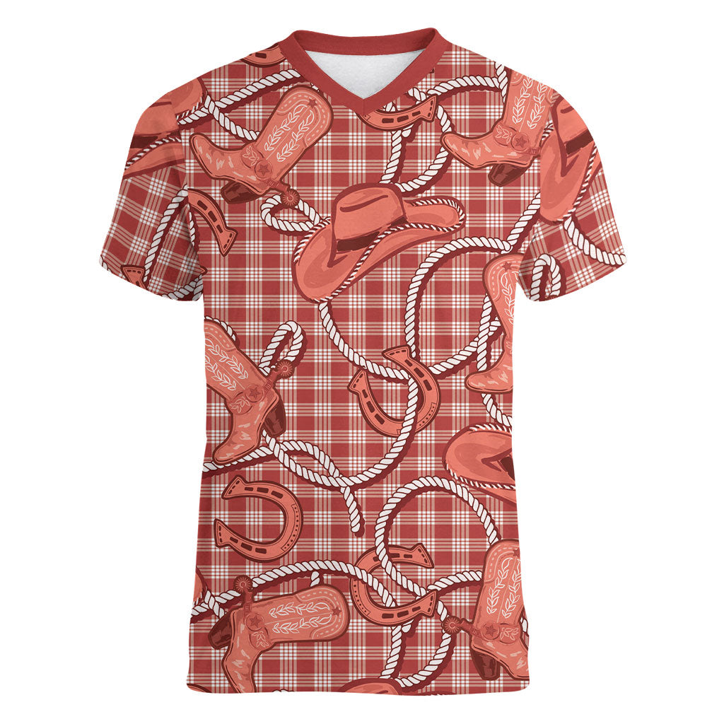 Red Hawaii Palaka Cowboy Women V-Neck T-Shirt Hawaiian Paniolo Festival Spirit LT19 Female Red - Polynesian Pride
