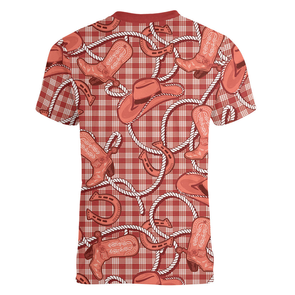 Red Hawaii Palaka Cowboy Women V-Neck T-Shirt Hawaiian Paniolo Festival Spirit
