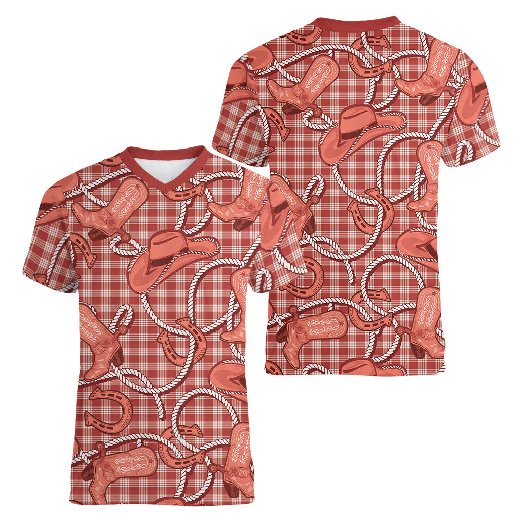 Red Hawaii Palaka Cowboy Women V-Neck T-Shirt Hawaiian Paniolo Festival Spirit