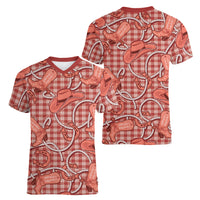 Red Hawaii Palaka Cowboy Women V-Neck T-Shirt Hawaiian Paniolo Festival Spirit