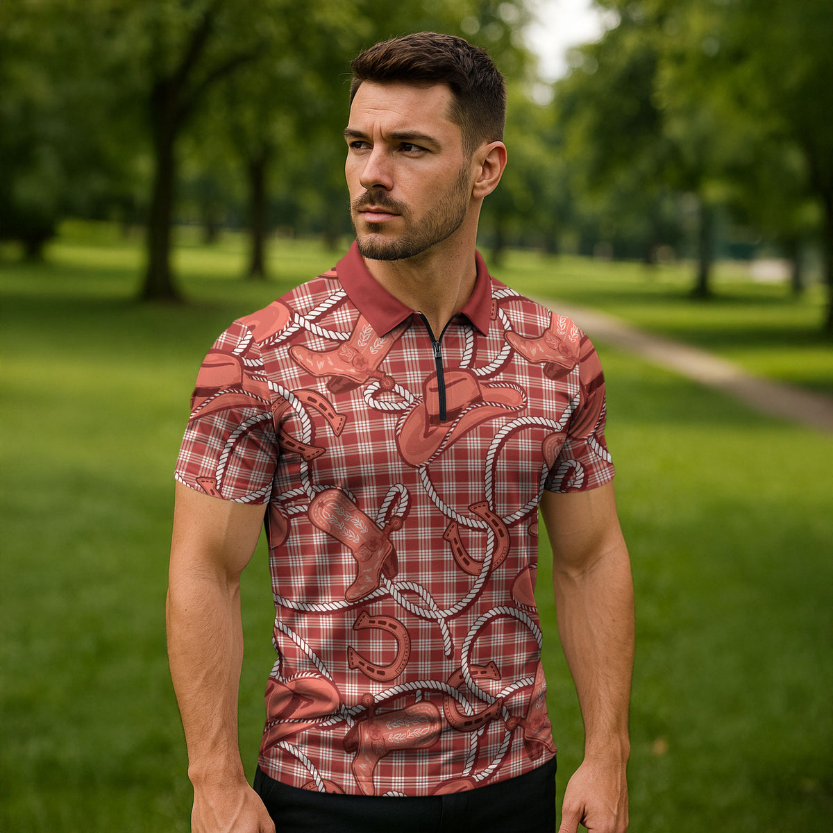 Red Hawaii Palaka Cowboy Zipper Polo Shirt Hawaiian Paniolo Festival Spirit