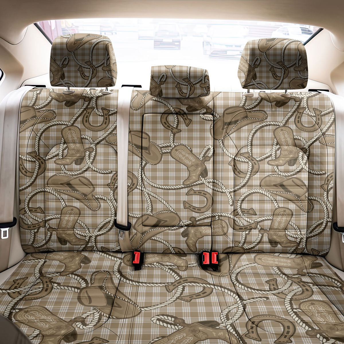 Beige Hawaii Palaka Cowboy Back Car Seat Cover Hawaiian Paniolo Festival Spirit