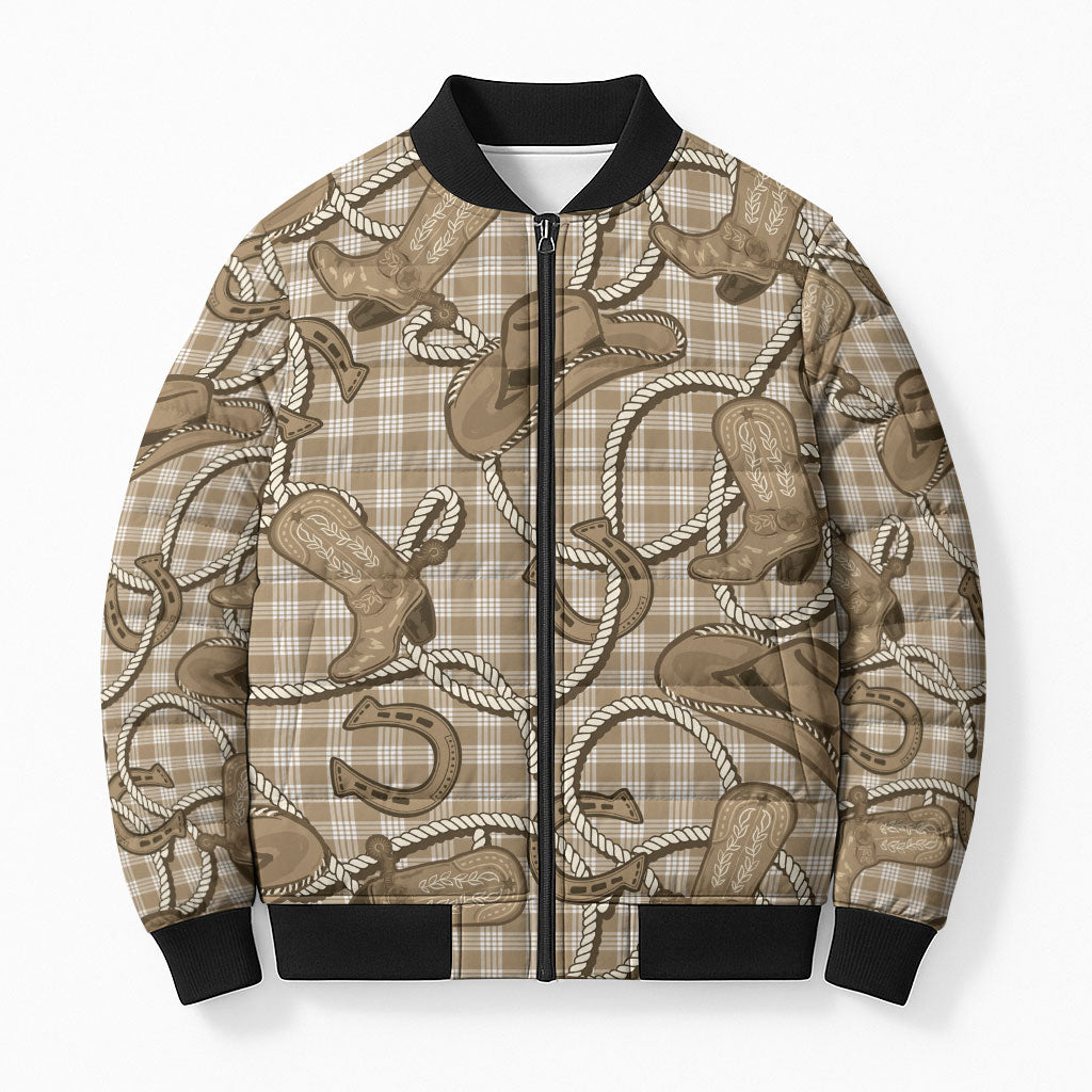 Beige Hawaii Palaka Cowboy Bomber Puffer Jacket Hawaiian Paniolo Festival Spirit