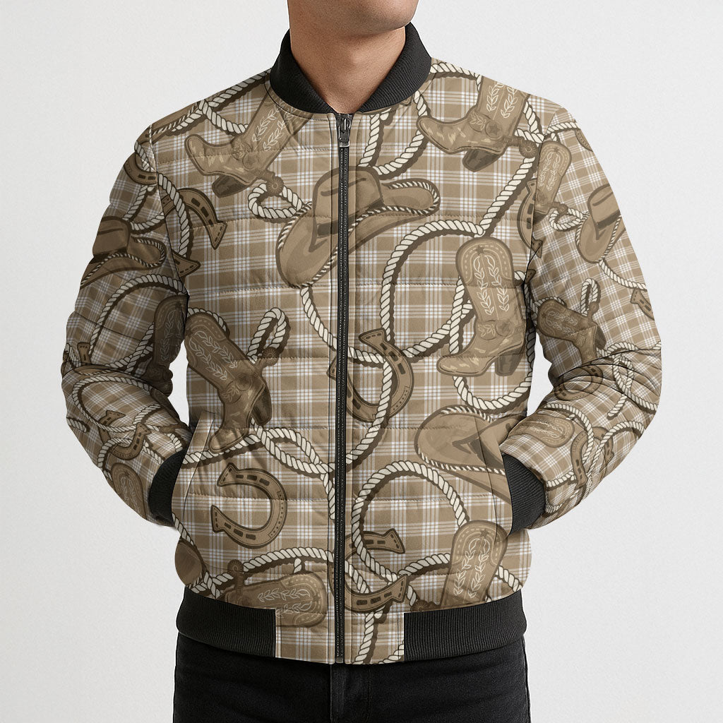 Beige Hawaii Palaka Cowboy Bomber Puffer Jacket Hawaiian Paniolo Festival Spirit