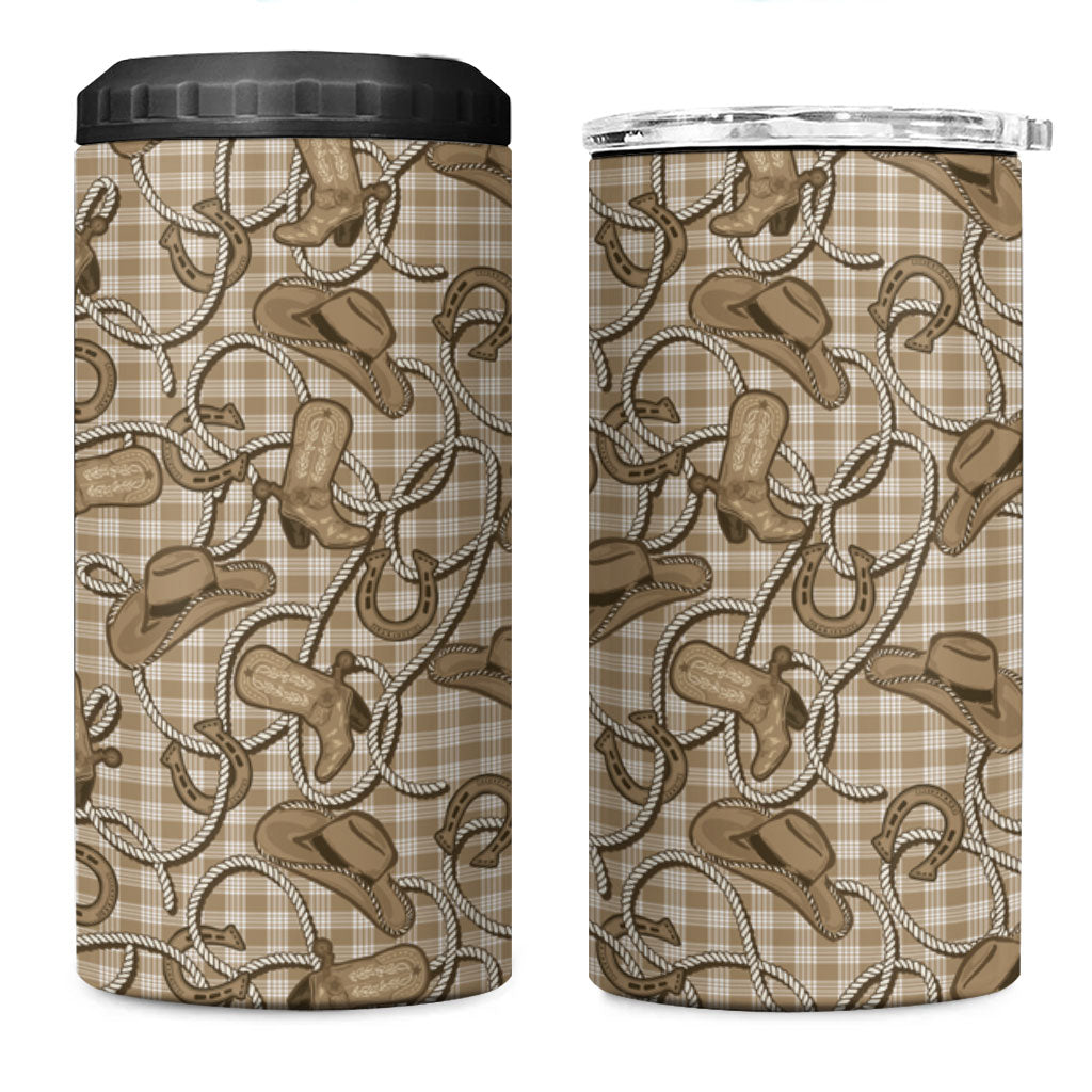 Beige Hawaii Palaka Cowboy 4 in 1 Can Cooler Tumbler Hawaiian Paniolo Festival Spirit