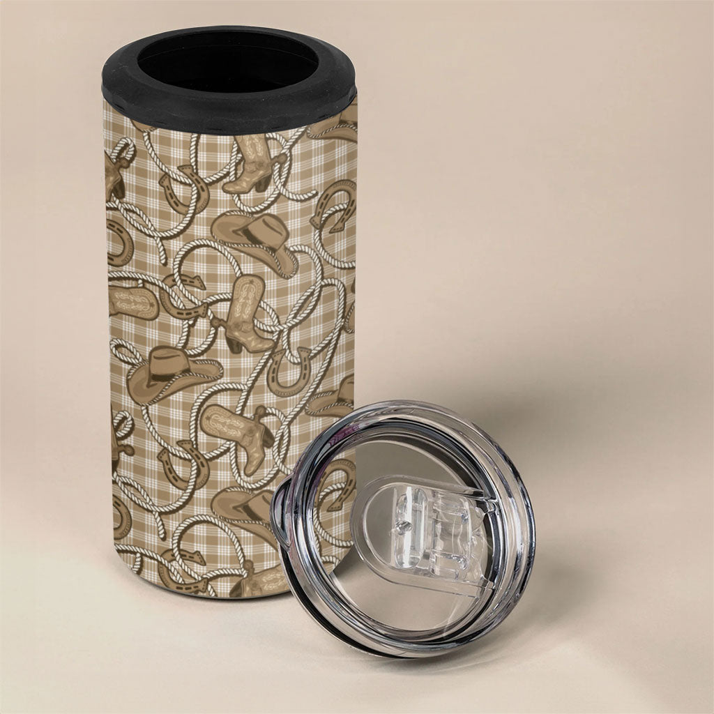 Beige Hawaii Palaka Cowboy 4 in 1 Can Cooler Tumbler Hawaiian Paniolo Festival Spirit