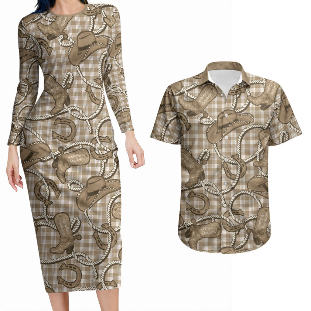 Beige Hawaii Palaka Cowboy Couples Matching Long Sleeve Bodycon Dress and Hawaiian Shirt Hawaiian Paniolo Festival Spirit