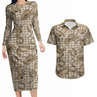 Beige Hawaii Palaka Cowboy Couples Matching Long Sleeve Bodycon Dress and Hawaiian Shirt Hawaiian Paniolo Festival Spirit