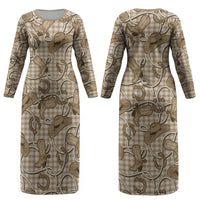 Beige Hawaii Palaka Cowboy Couples Matching Long Sleeve Bodycon Dress and Hawaiian Shirt Hawaiian Paniolo Festival Spirit