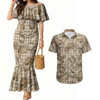 Beige Hawaii Palaka Cowboy Couples Matching Mermaid Dress and Hawaiian Shirt Hawaiian Paniolo Festival Spirit