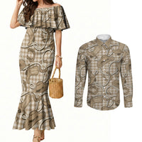 Beige Hawaii Palaka Cowboy Couples Matching Mermaid Dress and Long Sleeve Button Shirt Hawaiian Paniolo Festival Spirit