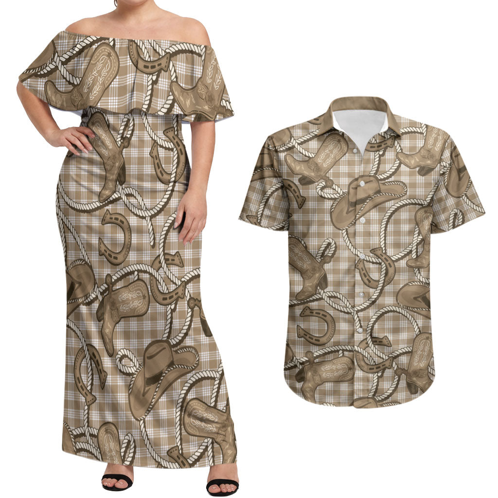 Beige Hawaii Palaka Cowboy Couples Matching Off Shoulder Maxi Dress and Hawaiian Shirt Hawaiian Paniolo Festival Spirit LT19 Beige - Polynesian Pride
