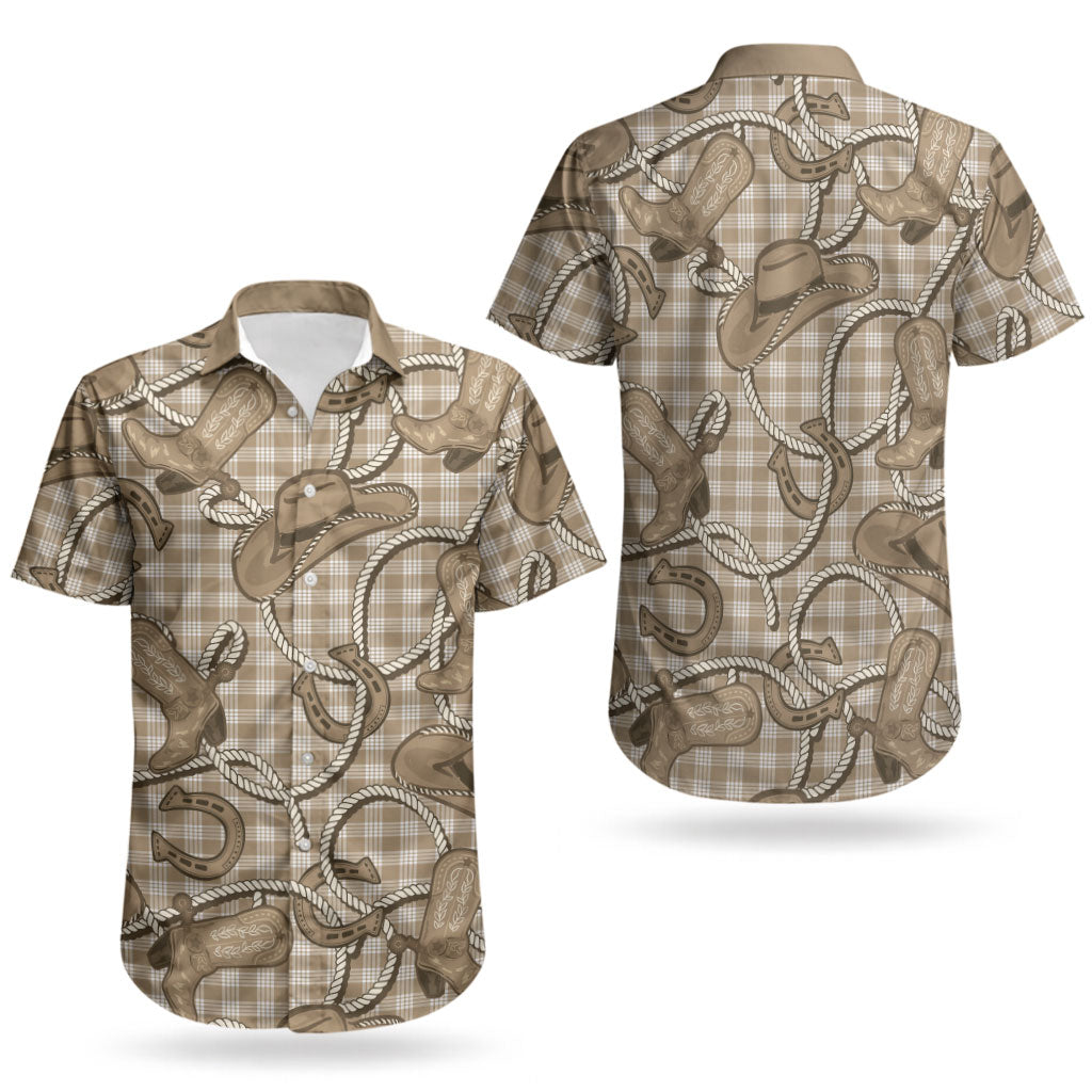 Beige Hawaii Palaka Cowboy Couples Matching Off Shoulder Maxi Dress and Hawaiian Shirt Hawaiian Paniolo Festival Spirit