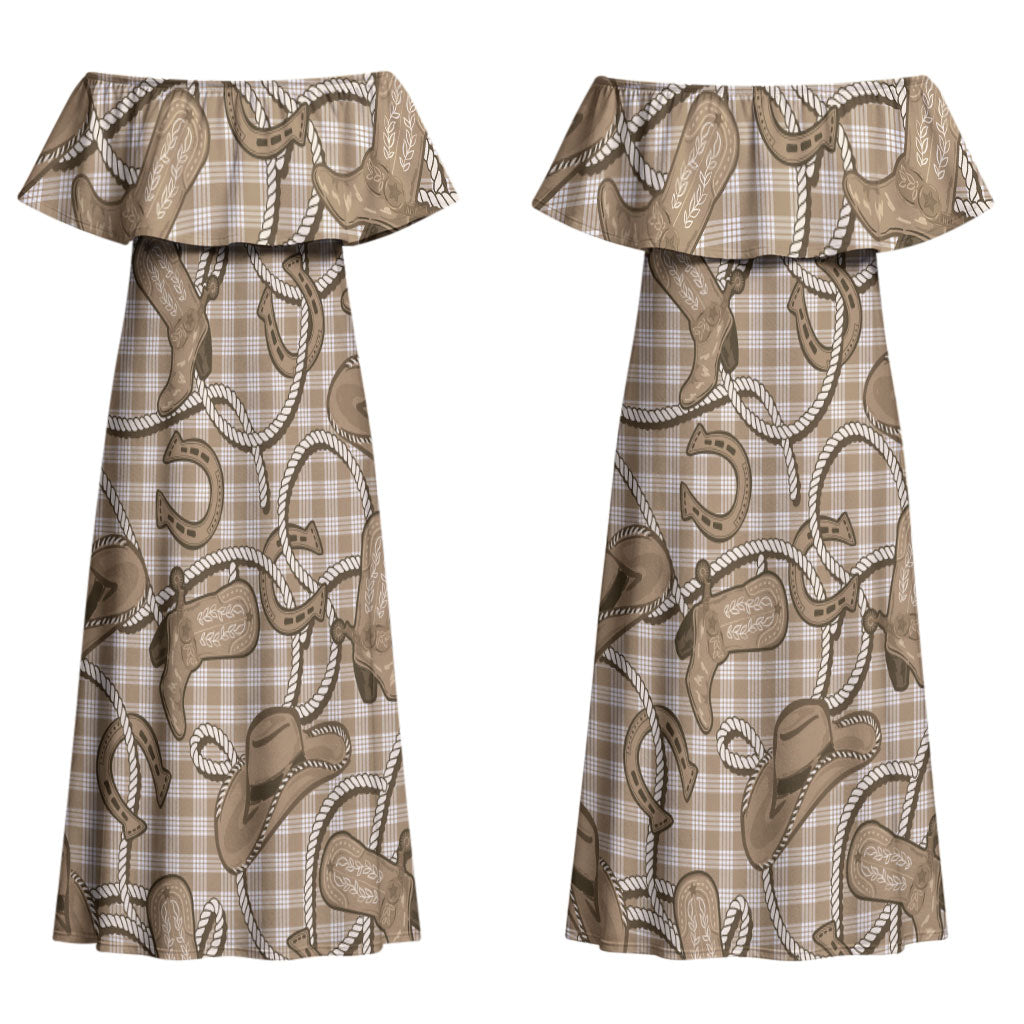 Beige Hawaii Palaka Cowboy Couples Matching Off Shoulder Maxi Dress and Long Sleeve Button Shirt Hawaiian Paniolo Festival Spirit