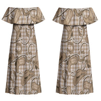 Beige Hawaii Palaka Cowboy Couples Matching Off Shoulder Maxi Dress and Long Sleeve Button Shirt Hawaiian Paniolo Festival Spirit