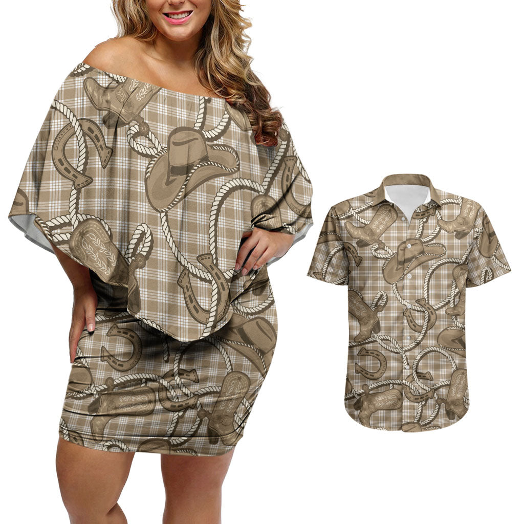 Beige Hawaii Palaka Cowboy Couples Matching Off Shoulder Short Dress and Hawaiian Shirt Hawaiian Paniolo Festival Spirit LT19 Beige - Polynesian Pride