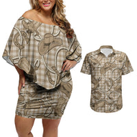 Beige Hawaii Palaka Cowboy Couples Matching Off Shoulder Short Dress and Hawaiian Shirt Hawaiian Paniolo Festival Spirit