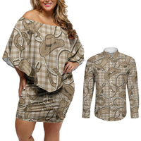 Beige Hawaii Palaka Cowboy Couples Matching Off Shoulder Short Dress and Long Sleeve Button Shirt Hawaiian Paniolo Festival Spirit
