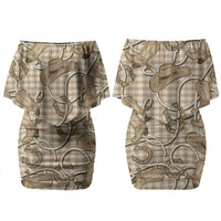 Beige Hawaii Palaka Cowboy Couples Matching Off Shoulder Short Dress and Long Sleeve Button Shirt Hawaiian Paniolo Festival Spirit