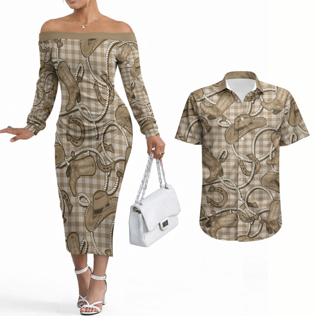 Beige Hawaii Palaka Cowboy Couples Matching Off The Shoulder Long Sleeve Dress and Hawaiian Shirt Hawaiian Paniolo Festival Spirit LT19 Beige - Polynesian Pride