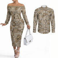 Beige Hawaii Palaka Cowboy Couples Matching Off The Shoulder Long Sleeve Dress and Long Sleeve Button Shirt Hawaiian Paniolo Festival Spirit
