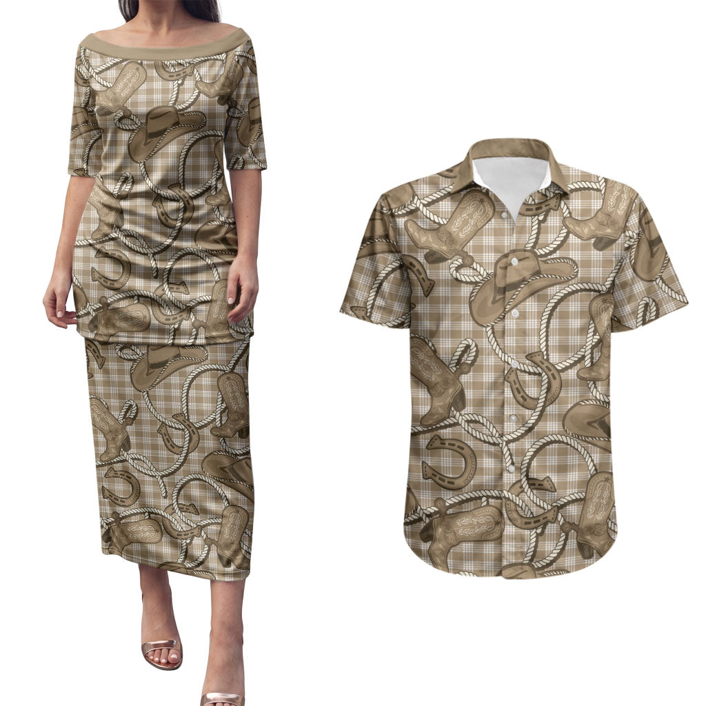 Beige Hawaii Palaka Cowboy Couples Matching Puletasi and Hawaiian Shirt Hawaiian Paniolo Festival Spirit