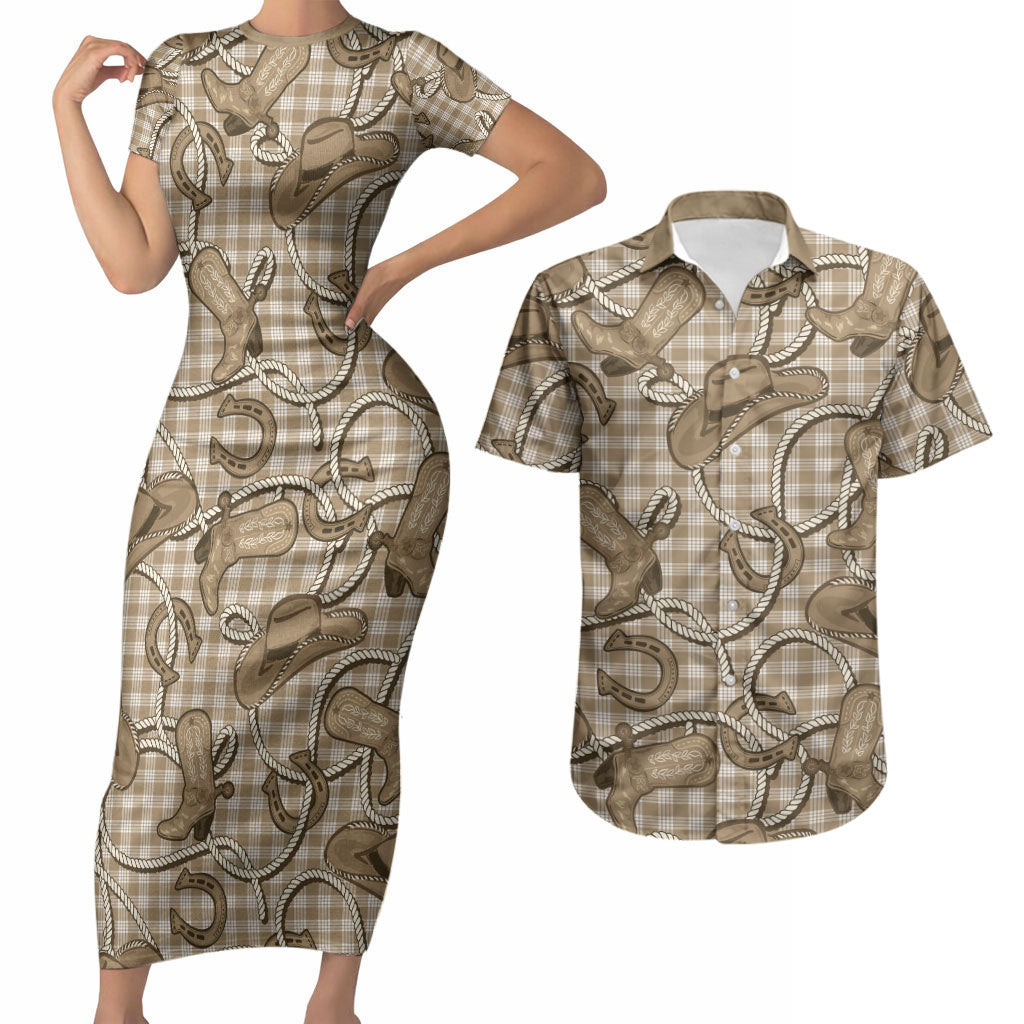 Beige Hawaii Palaka Cowboy Couples Matching Short Sleeve Bodycon Dress and Hawaiian Shirt Hawaiian Paniolo Festival Spirit
