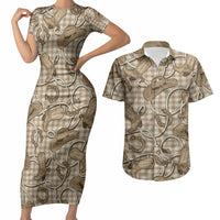 Beige Hawaii Palaka Cowboy Couples Matching Short Sleeve Bodycon Dress and Hawaiian Shirt Hawaiian Paniolo Festival Spirit