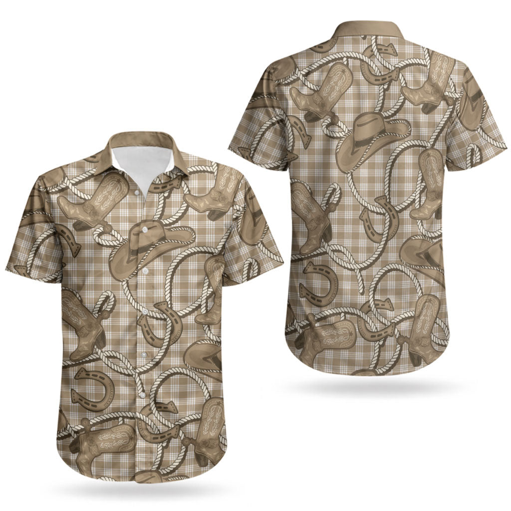 Beige Hawaii Palaka Cowboy Couples Matching Short Sleeve Bodycon Dress and Hawaiian Shirt Hawaiian Paniolo Festival Spirit