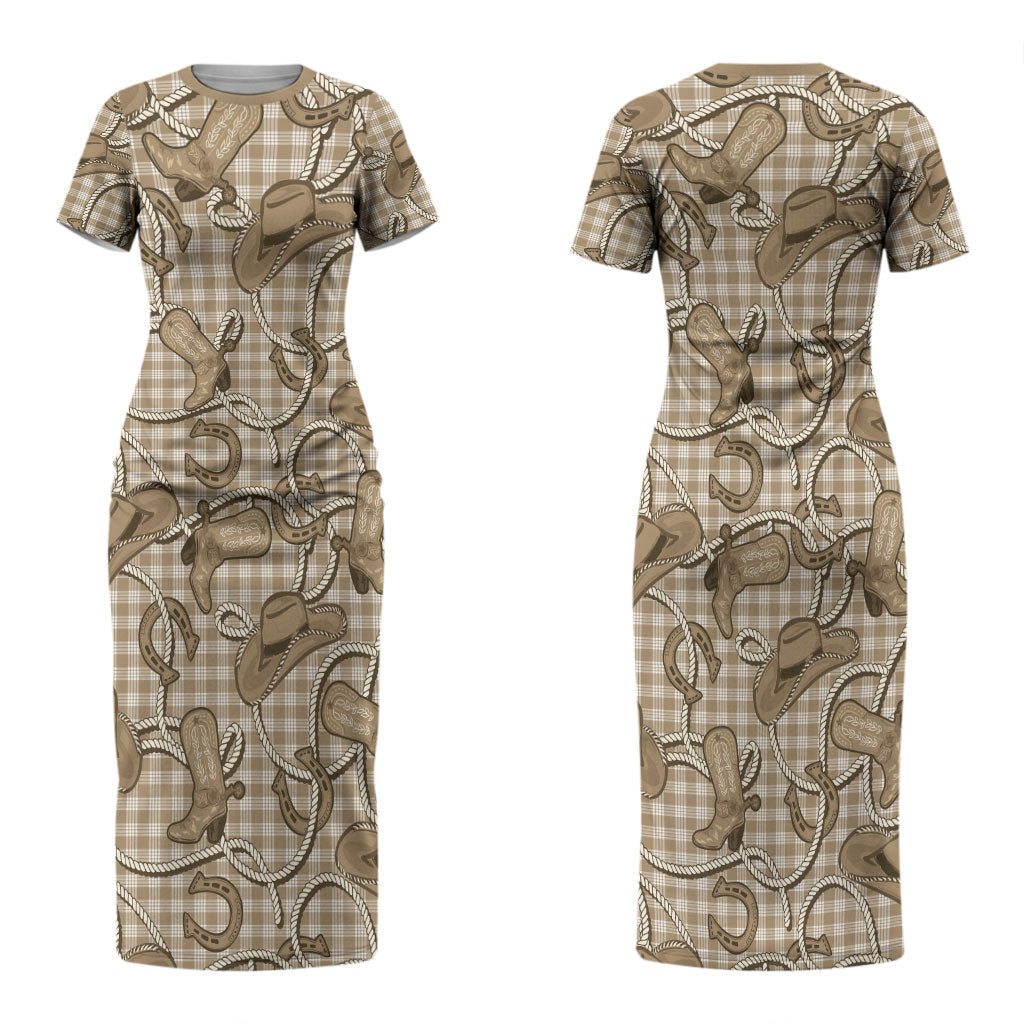 Beige Hawaii Palaka Cowboy Couples Matching Short Sleeve Bodycon Dress and Hawaiian Shirt Hawaiian Paniolo Festival Spirit