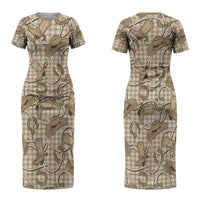 Beige Hawaii Palaka Cowboy Couples Matching Short Sleeve Bodycon Dress and Hawaiian Shirt Hawaiian Paniolo Festival Spirit