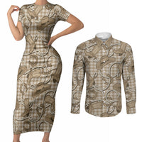 Beige Hawaii Palaka Cowboy Couples Matching Short Sleeve Bodycon Dress and Long Sleeve Button Shirt Hawaiian Paniolo Festival Spirit