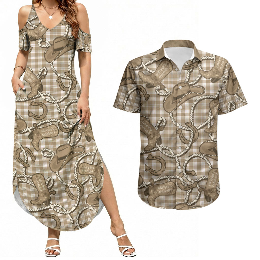Beige Hawaii Palaka Cowboy Couples Matching Summer Maxi Dress and Hawaiian Shirt Hawaiian Paniolo Festival Spirit LT19 Beige - Polynesian Pride