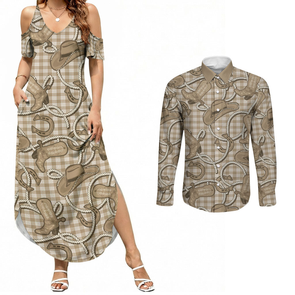 Beige Hawaii Palaka Cowboy Couples Matching Summer Maxi Dress and Long Sleeve Button Shirt Hawaiian Paniolo Festival Spirit