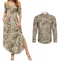 Beige Hawaii Palaka Cowboy Couples Matching Summer Maxi Dress and Long Sleeve Button Shirt Hawaiian Paniolo Festival Spirit