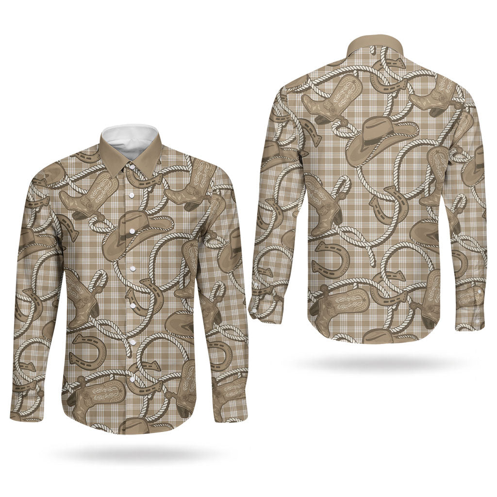 Beige Hawaii Palaka Cowboy Couples Matching Summer Maxi Dress and Long Sleeve Button Shirt Hawaiian Paniolo Festival Spirit