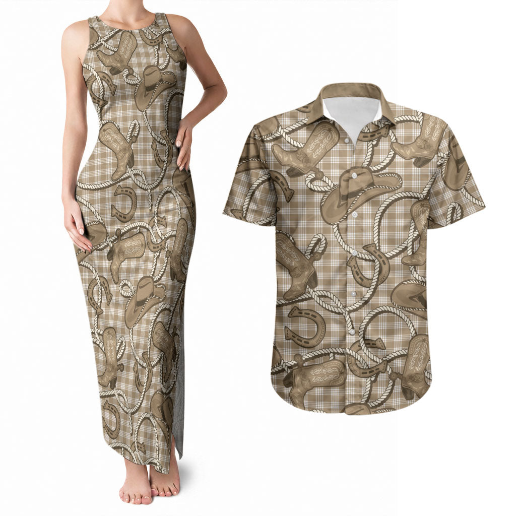Beige Hawaii Palaka Cowboy Couples Matching Tank Maxi Dress and Hawaiian Shirt Hawaiian Paniolo Festival Spirit