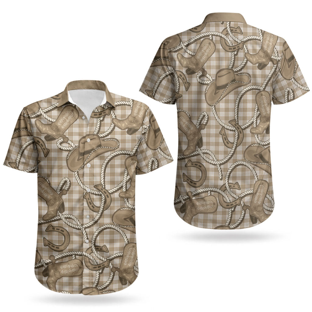 Beige Hawaii Palaka Cowboy Couples Matching Tank Maxi Dress and Hawaiian Shirt Hawaiian Paniolo Festival Spirit